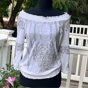 INC International Concepts Embroidered Silver Metallic White Top